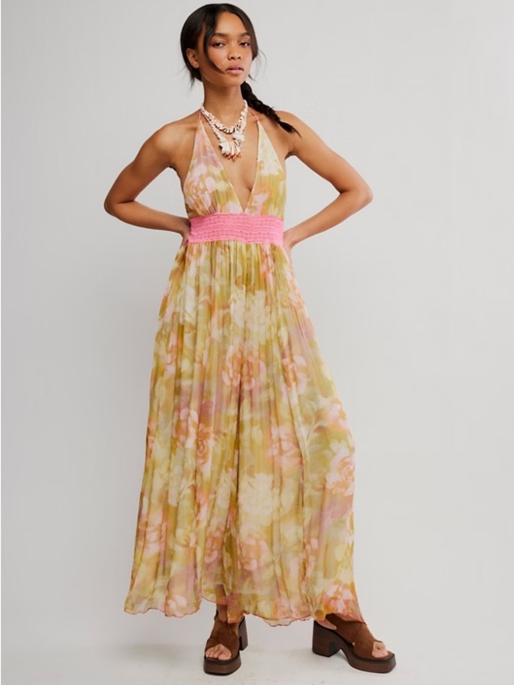 Free People Pink-Waist Floral Halter Jumpsuit